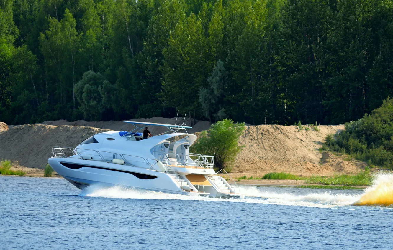 Photo wallpaper river, shore, boat, On The Go