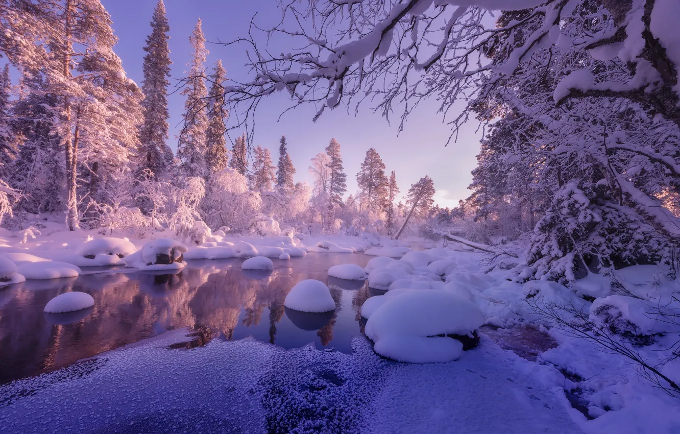 Photo wallpaper winter, water, snow, trees, landscape, nature, the snow, The Kola Peninsula