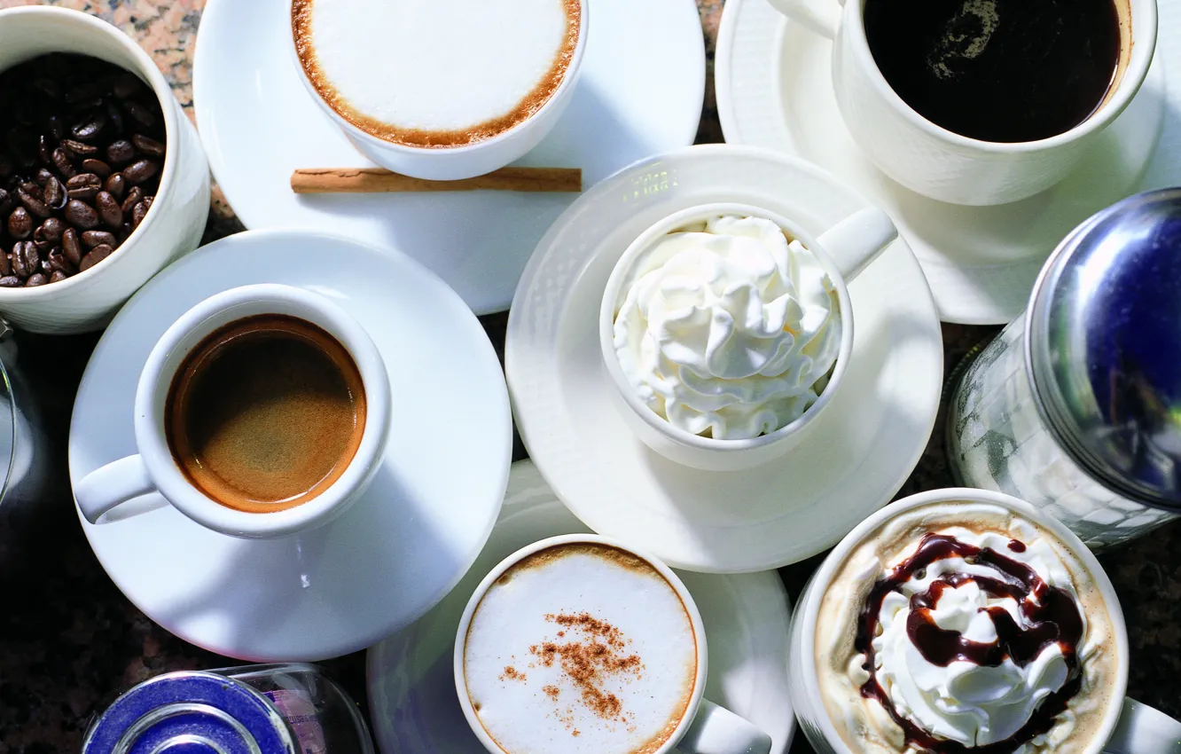 Photo wallpaper table, coffee, cream, sugar, mugs, drinks, grain, saucers