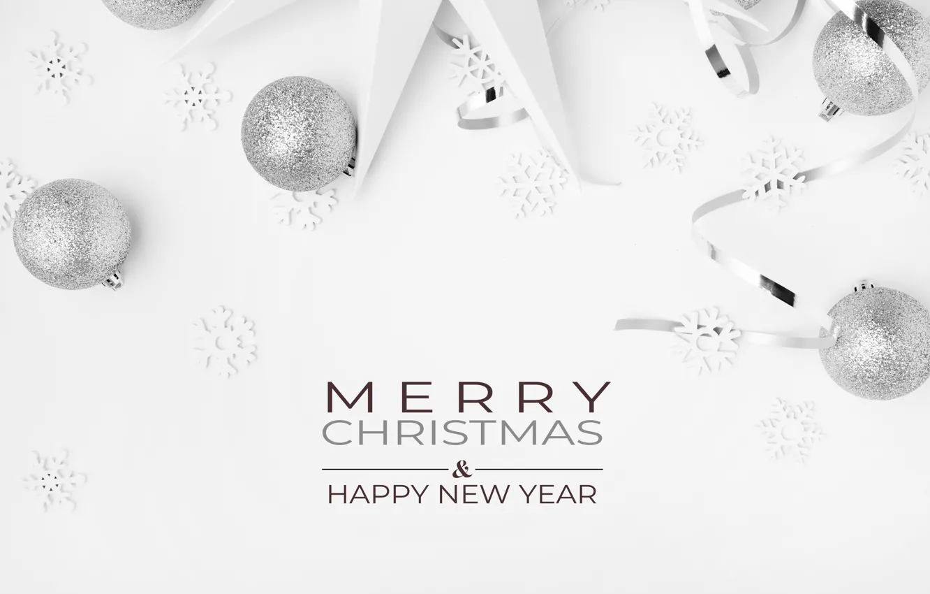Photo wallpaper balls, snowflakes, the inscription, silver, new year, silver, Christmas, white background