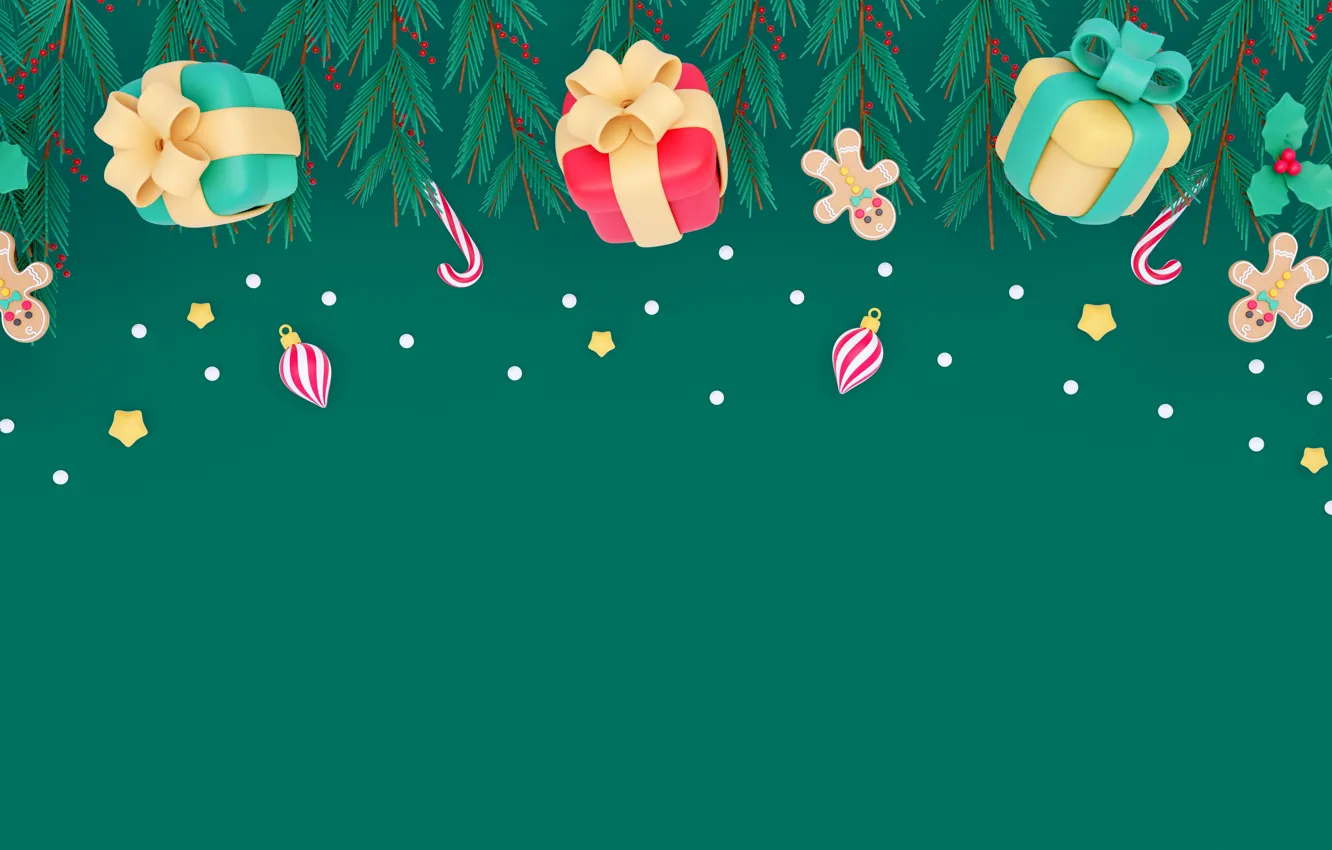 Photo wallpaper balls, branches, rendering, box, gift, new year, men, cookies