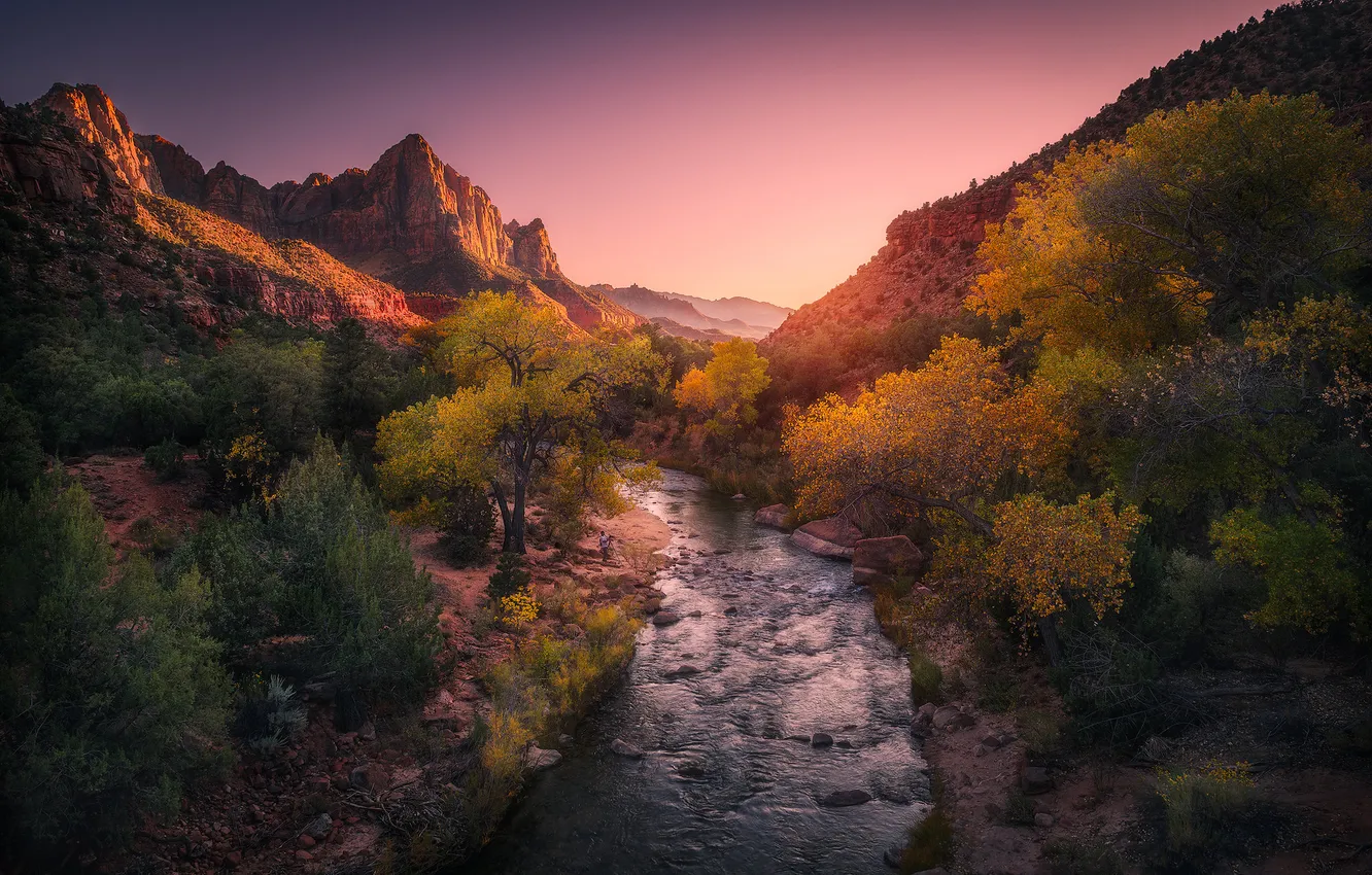 Photo wallpaper autumn, forest, the sky, trees, mountains, river, rocks, dawn