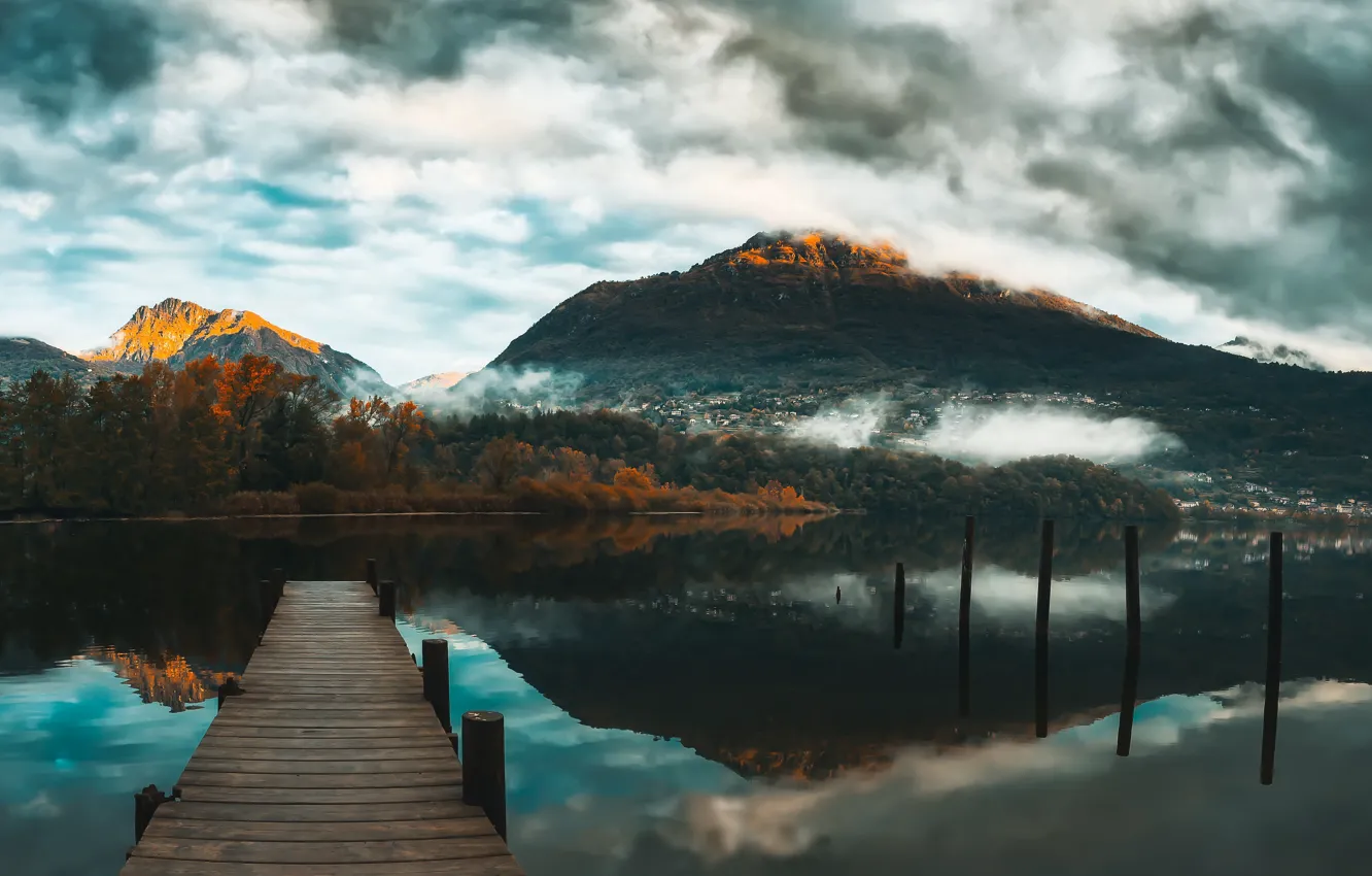 Photo wallpaper mountains, bridge, lake