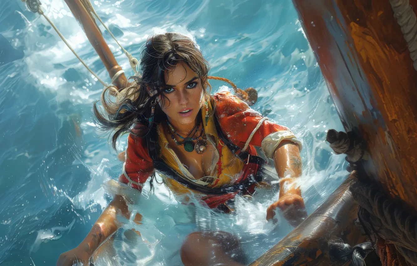 Photo wallpaper look, water, girl, pirates, digital art, AI art, The Art of Artificial Intelligence, neural network