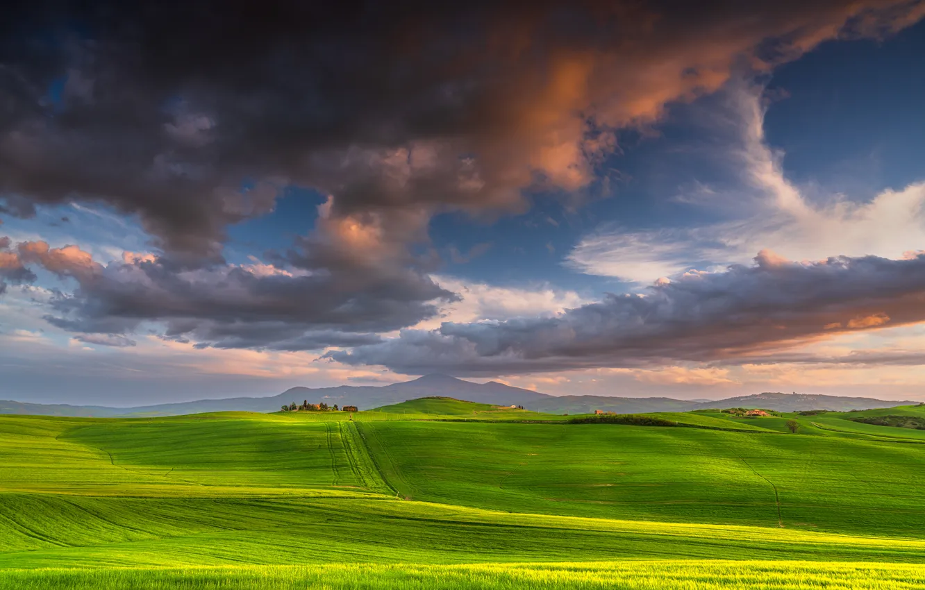Photo wallpaper road, greens, field, the sky, clouds, light, hills, shadow