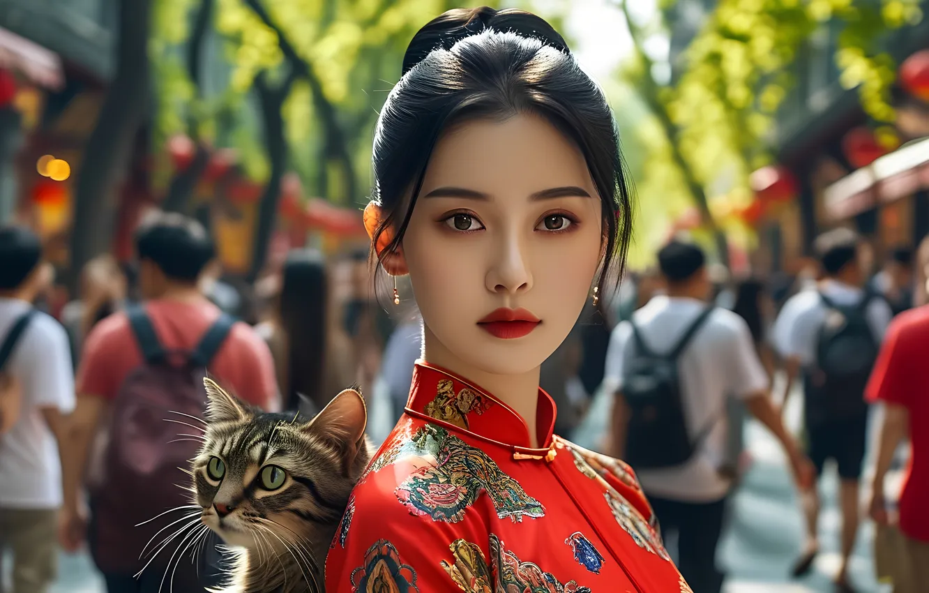 Photo wallpaper cat, dress, hairstyle, Chinese, Asian