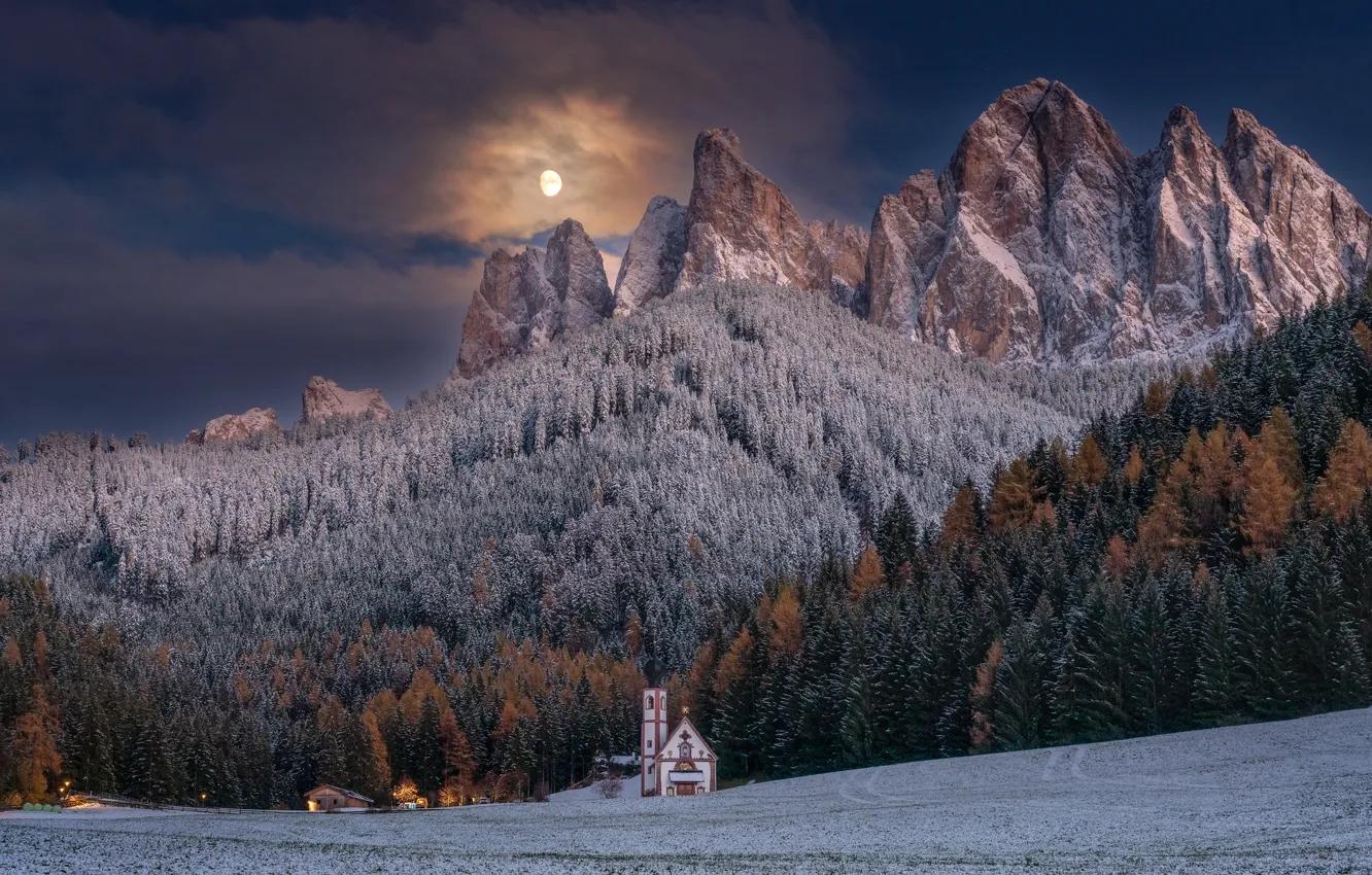 Photo wallpaper autumn, forest, mountains, Italy, Church, Italy, The Dolomites, South Tyrol
