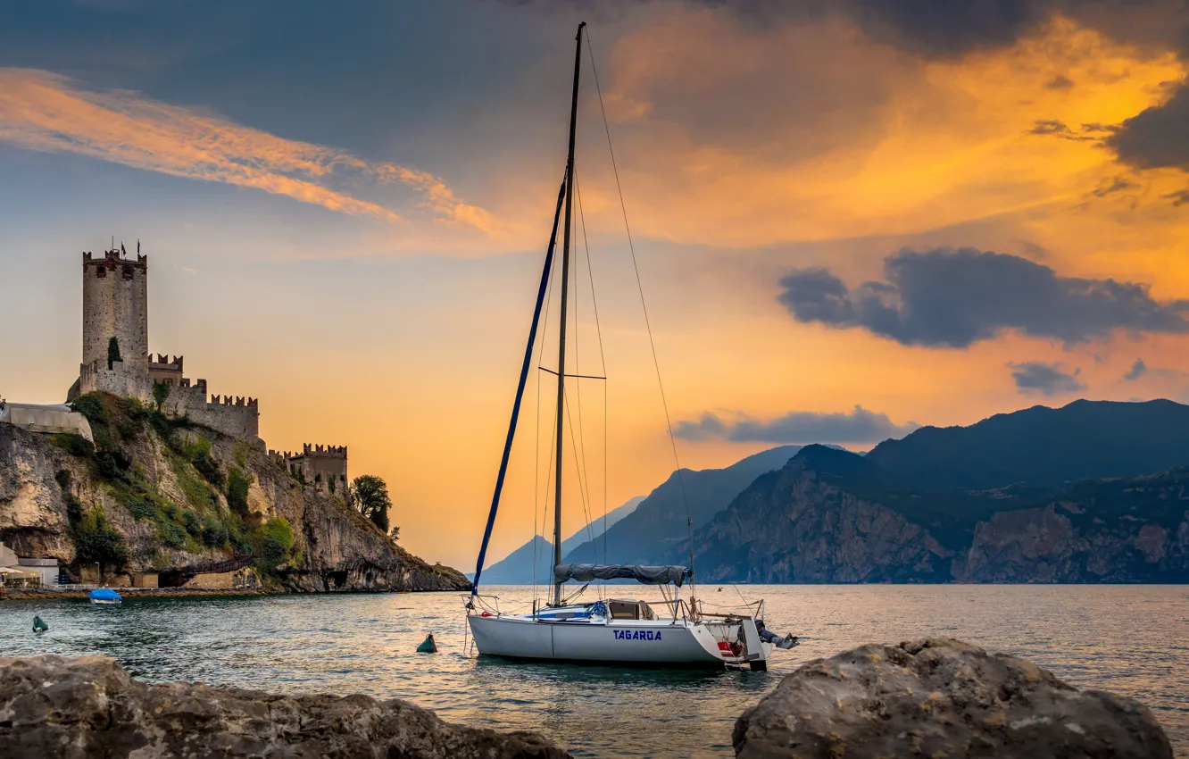 Photo wallpaper sunset, mountains, lake, castle, yacht, Alps, Italy, fortress