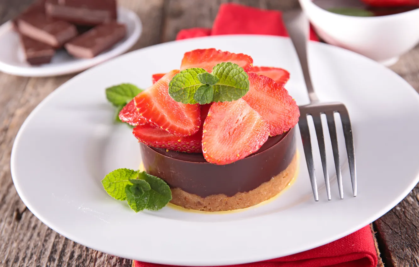 Photo wallpaper berries, chocolate, strawberry, plate, cake, fresh, dessert, sweet