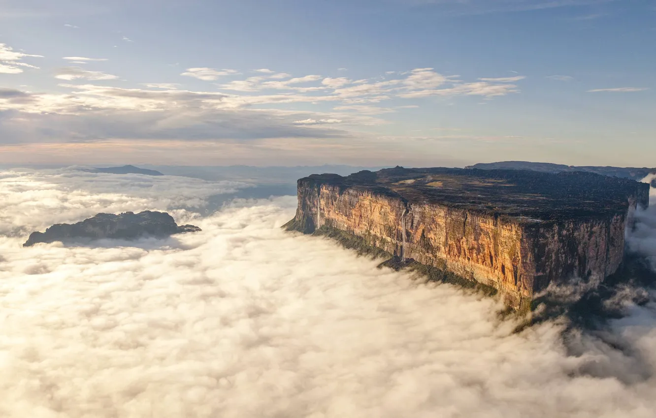 Photo wallpaper clouds, mountains, rocks, height, waterfall