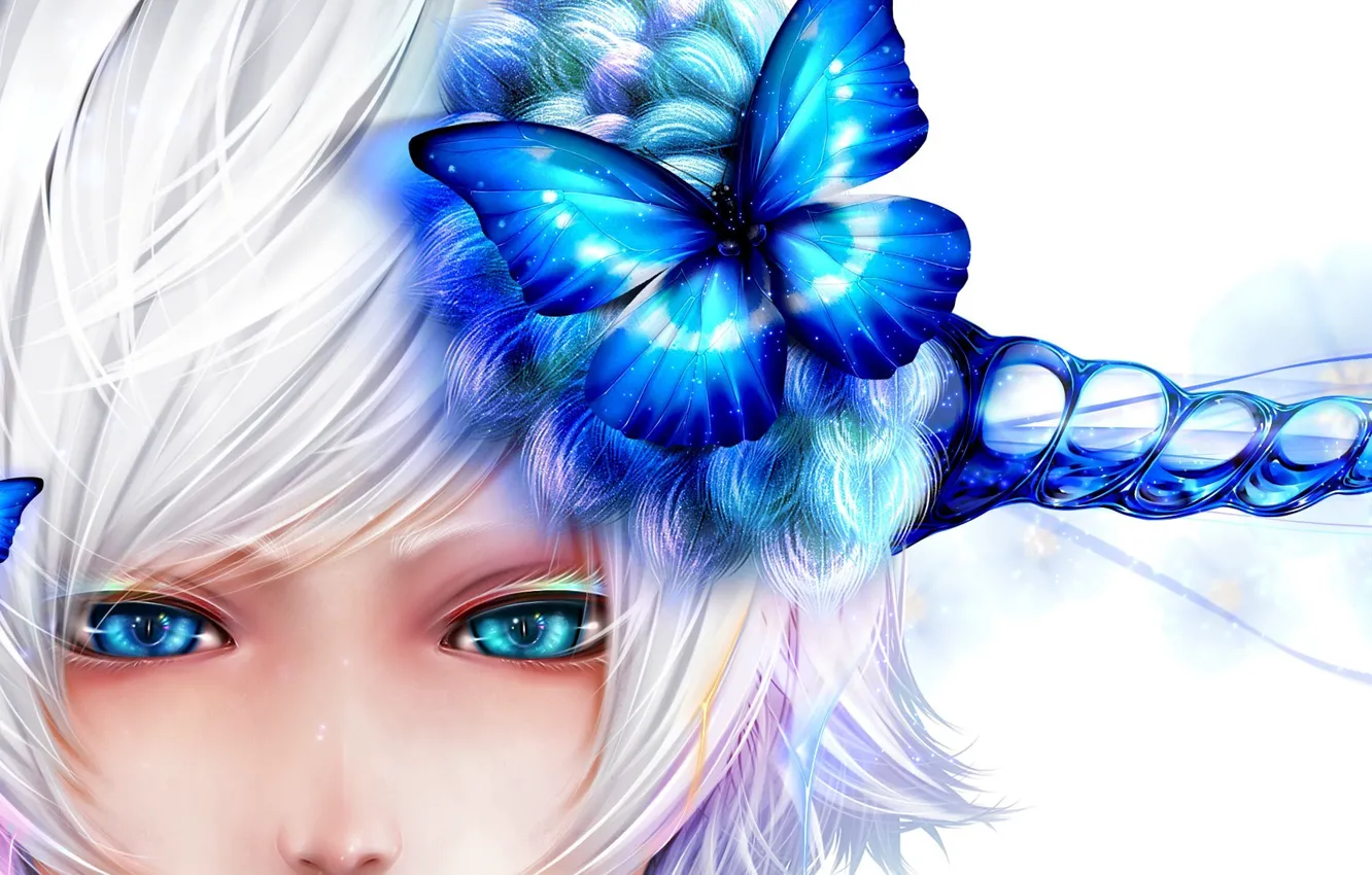 Photo wallpaper girl, butterfly, blue, face, art, white background, horns, bouno satoshi
