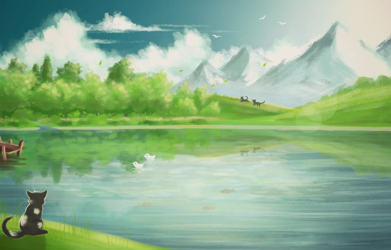 Photo wallpaper cat, clouds, fish, mountains, birds, art, painted landscape