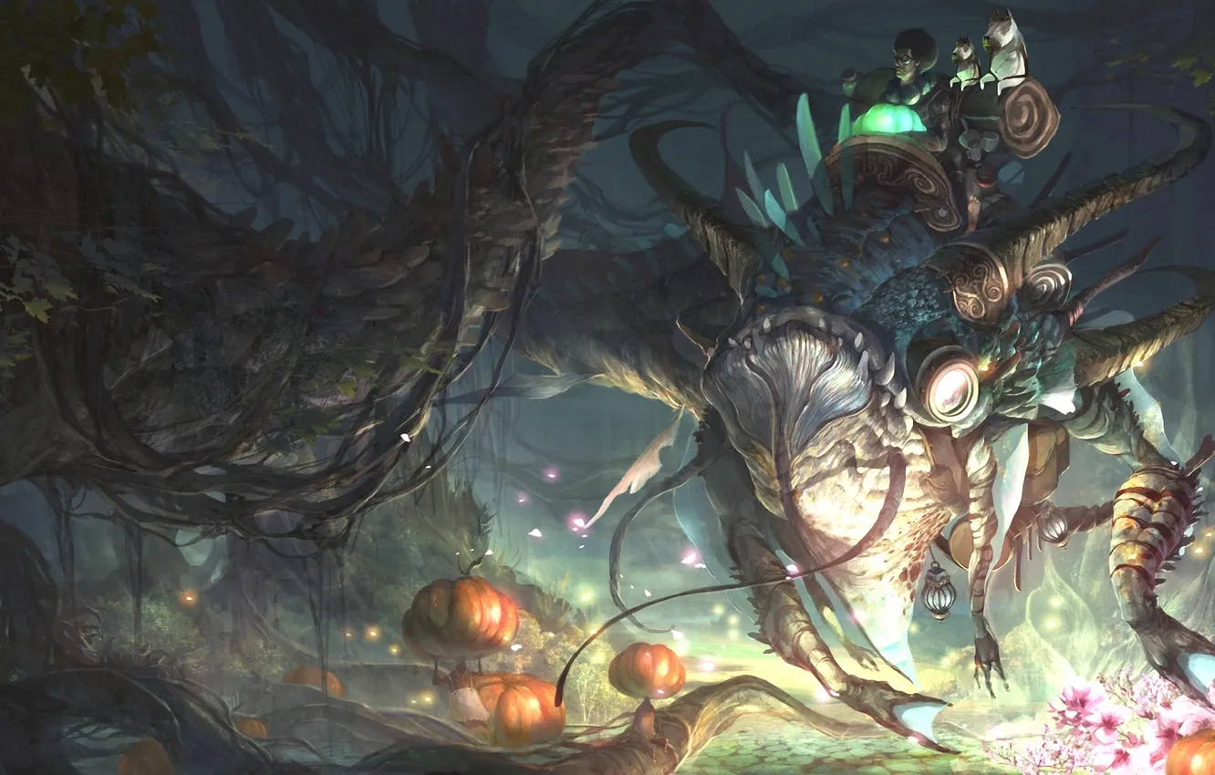 Photo wallpaper forest, branch, being, fantasy, art, pumpkin, vines, top