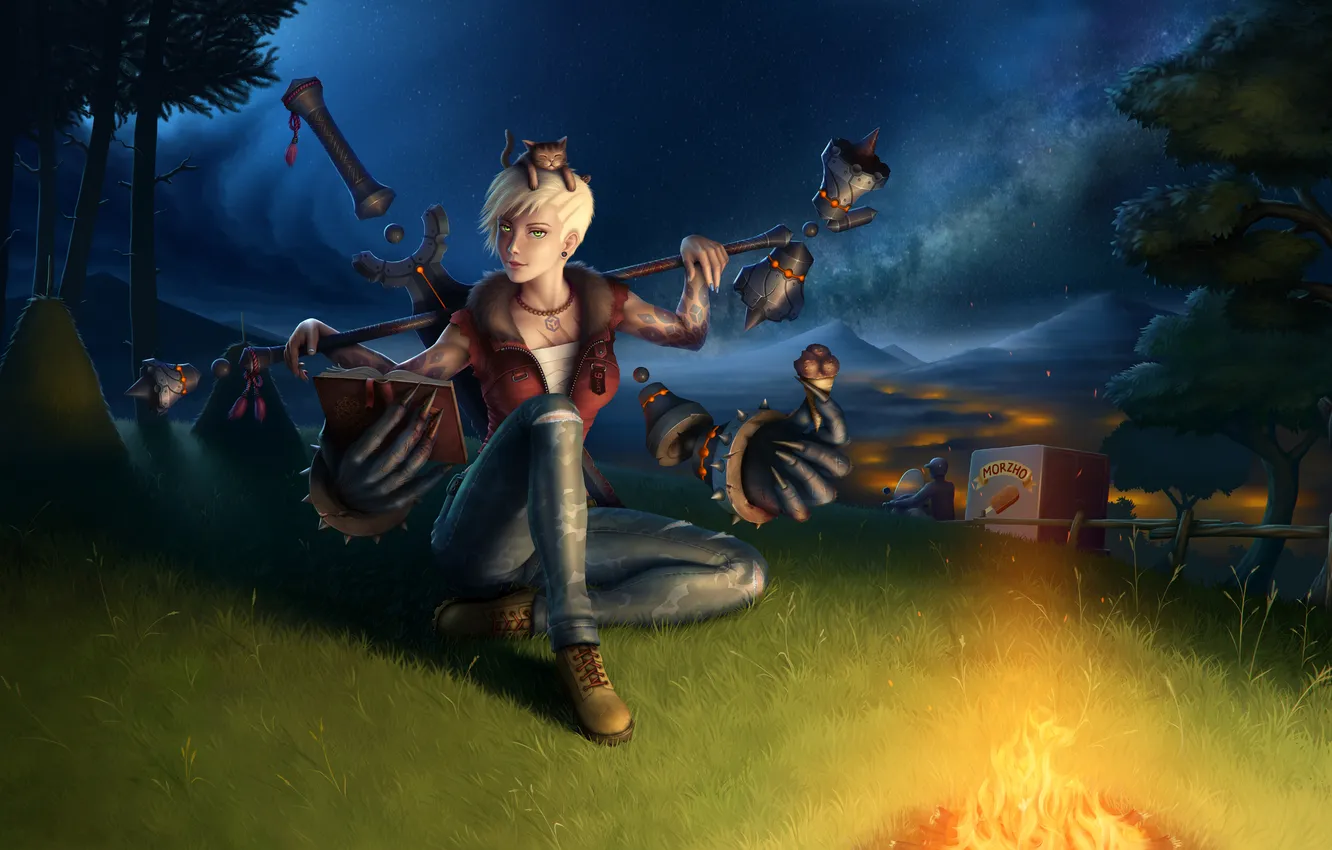 Photo wallpaper grass, girl, mountains, magic, glade, the evening, the fire, book