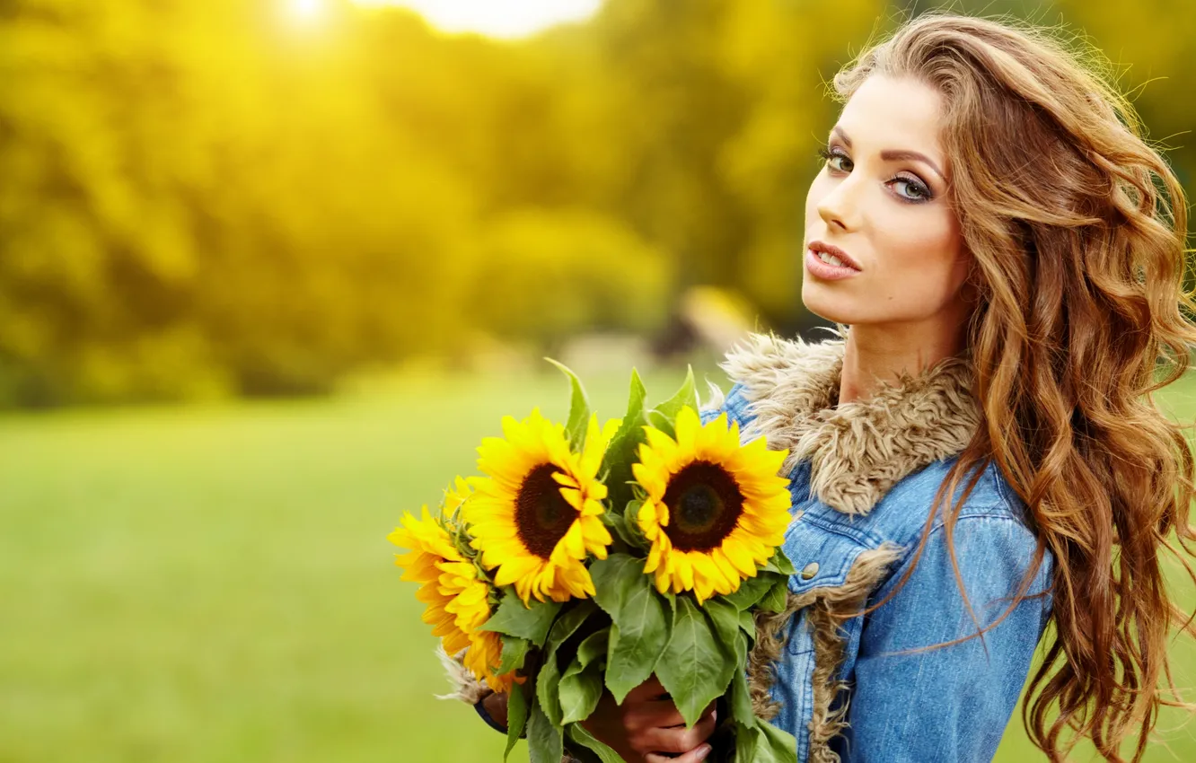 Photo wallpaper autumn, girl, sunflowers, flowers, brown hair, eyes, curls, lips