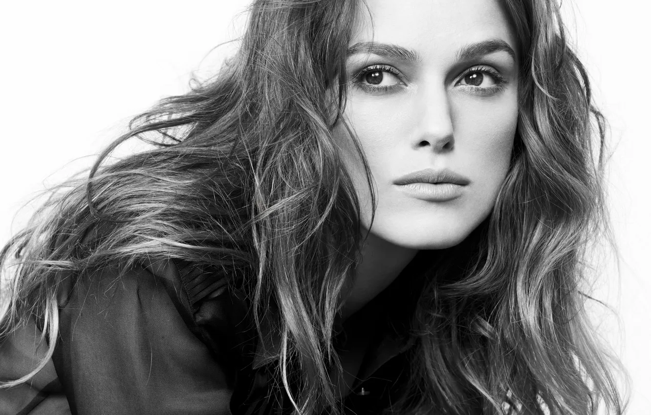 Photo wallpaper girl, face, actress, Keira Knightley, Keira Knightley, black-and-white background