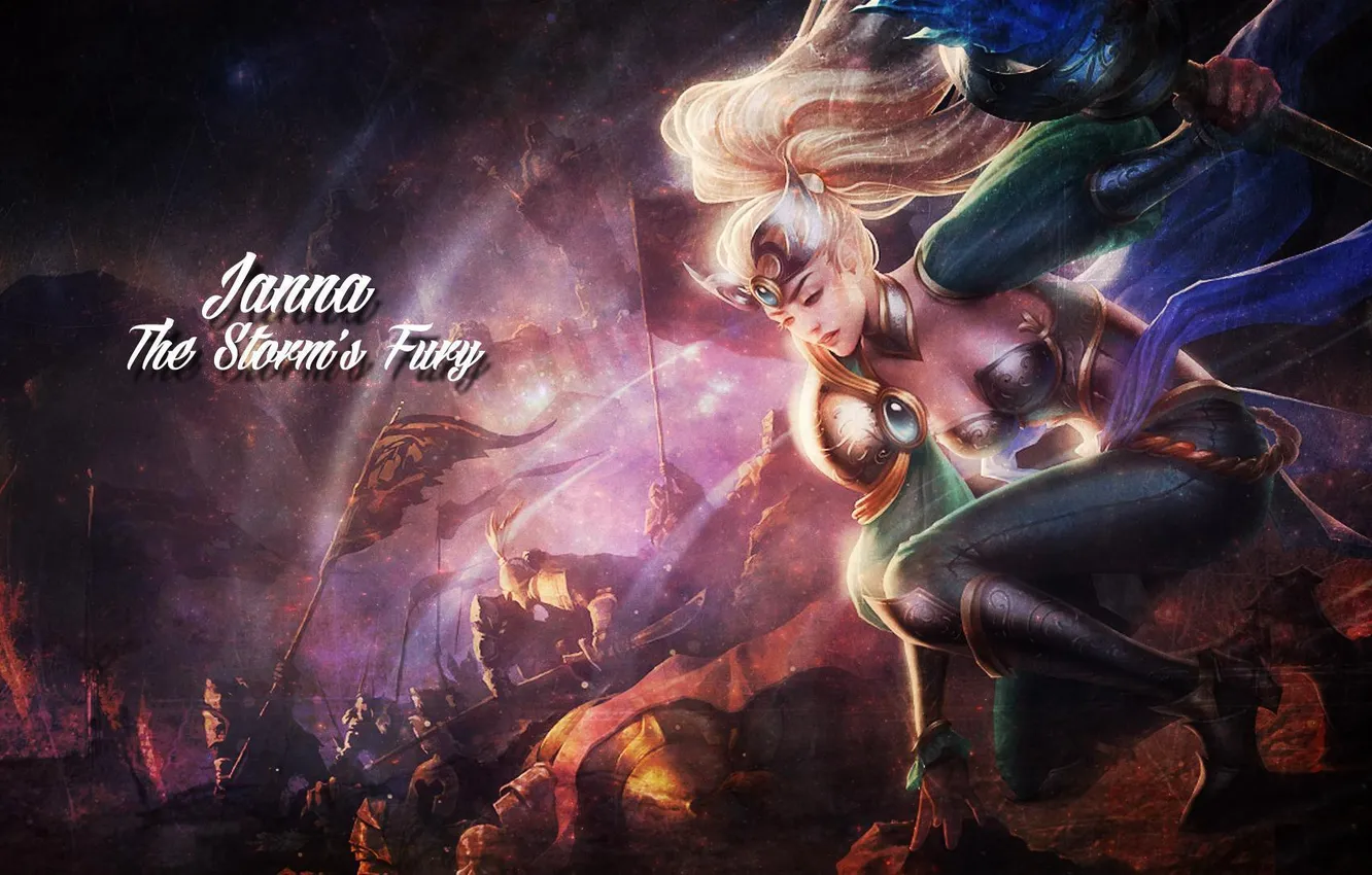 Photo wallpaper girl, background, magic, hair, armor, flag, rider, staff