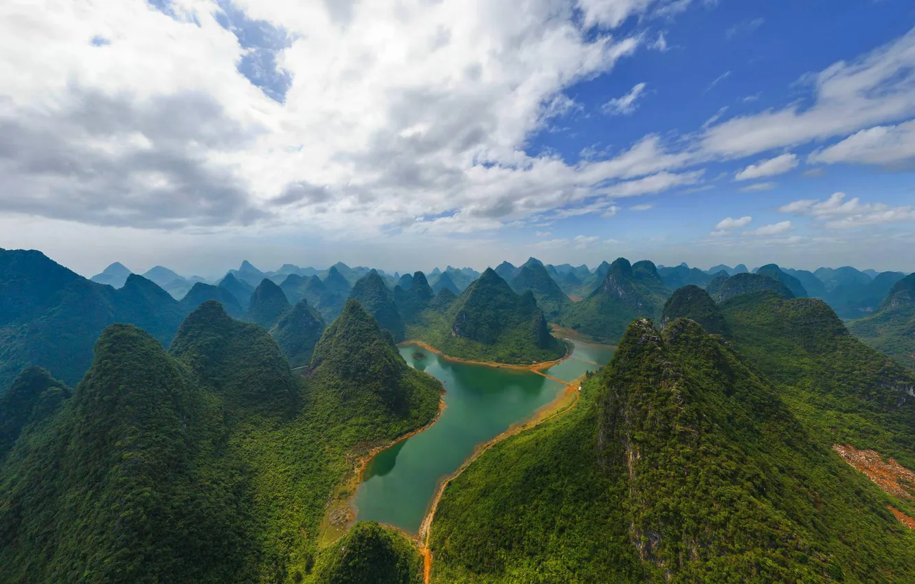 Photo wallpaper forest, the sky, clouds, trees, mountains, nature, river