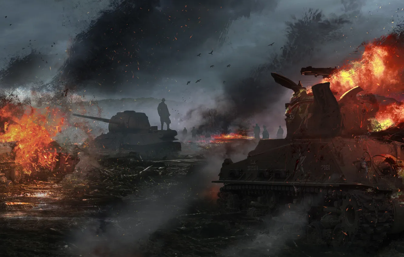 Photo wallpaper field, war, art, tank