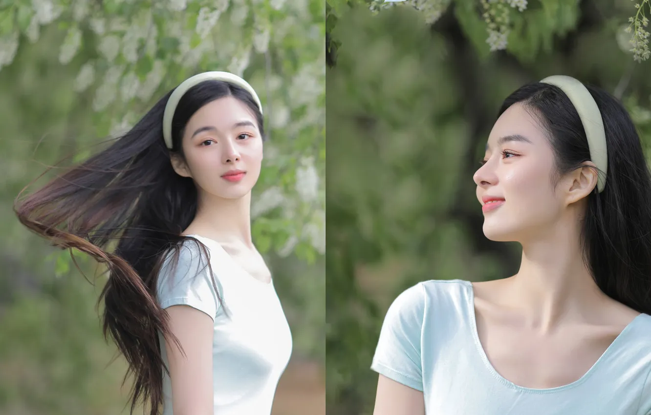 Photo wallpaper Beautiful, Asian, Model, Tree, Flowers, Smile, Woman, Cute