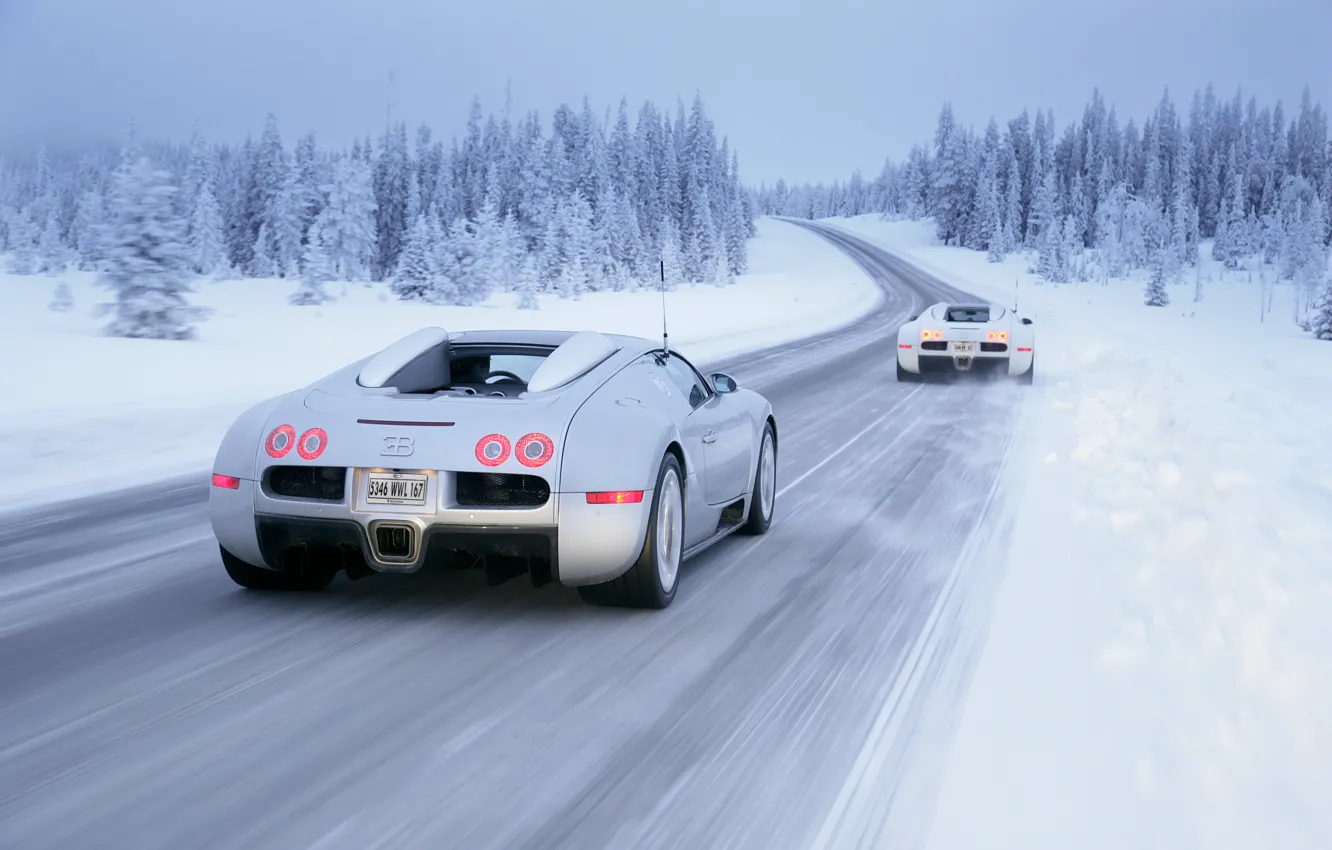 Photo wallpaper winter, snow, Bugatti, Veyron, Winter, White, Drive