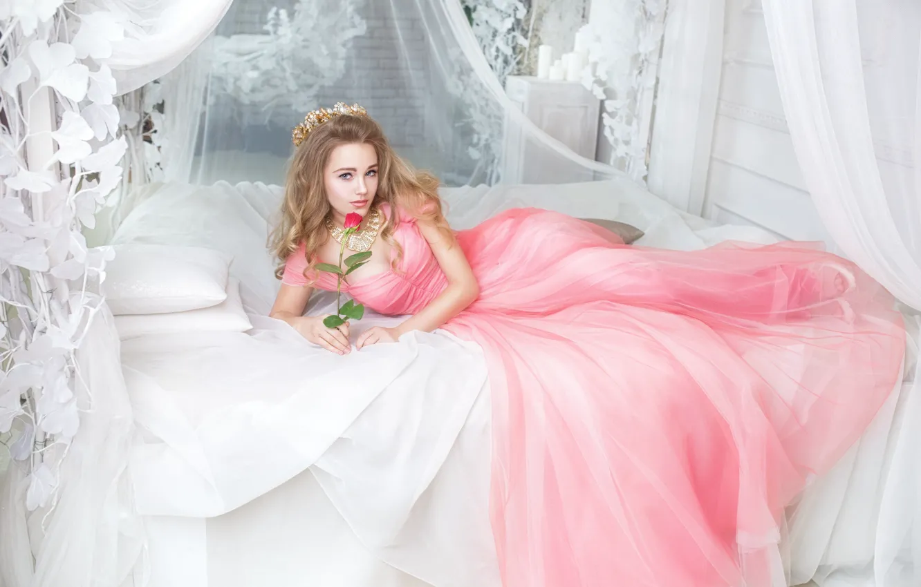 Photo wallpaper look, girl, pose, rose, bed, dress, beautiful, Galaev Eugene