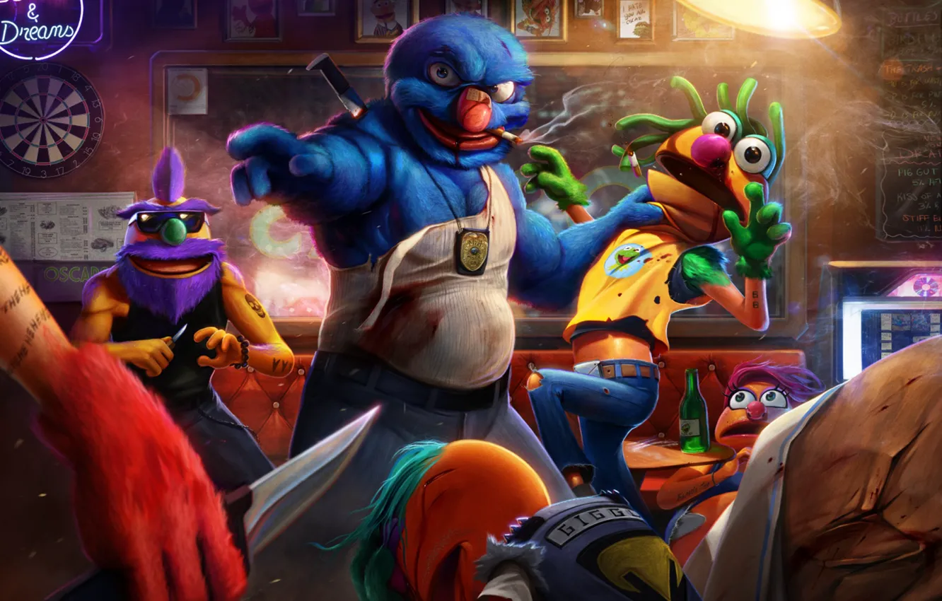 Photo wallpaper bar, fight, art, disassembly, police, Grover, THE STREETS, Muppet