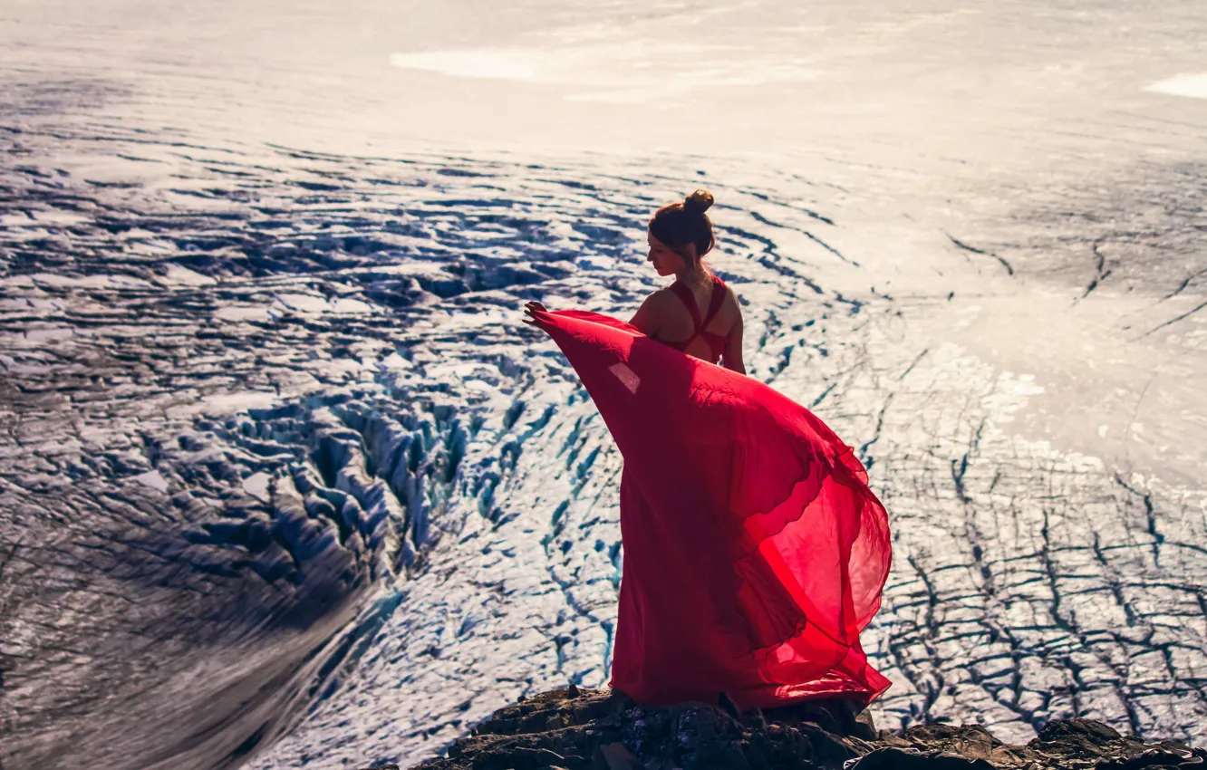 Photo wallpaper girl, glacier, Alaska, Alaska, red dress, Kenai Fjords National Park, Harding Icefield, Kenai Mountains