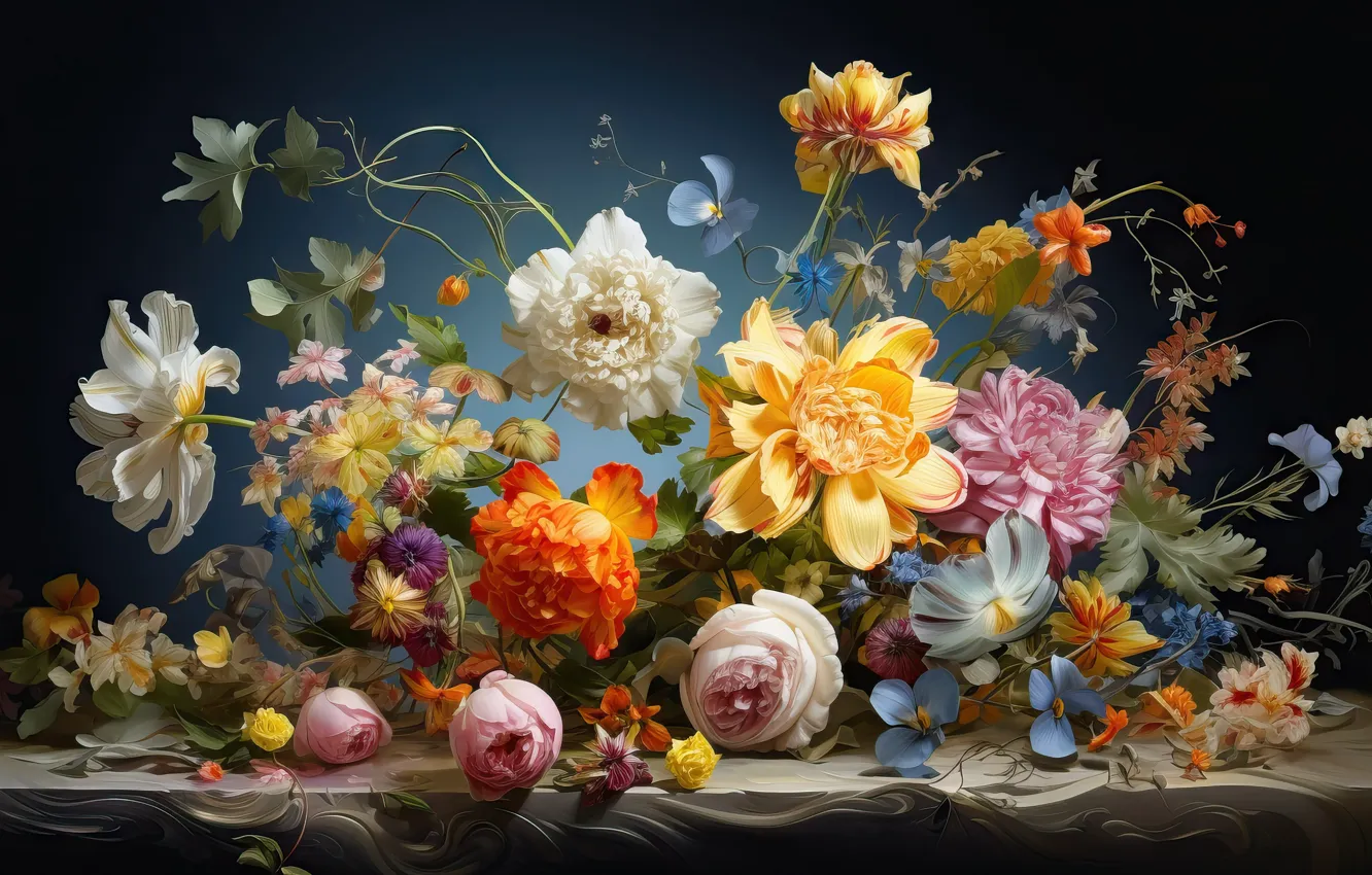 Photo wallpaper flowers, still life, different, AI art, neural network