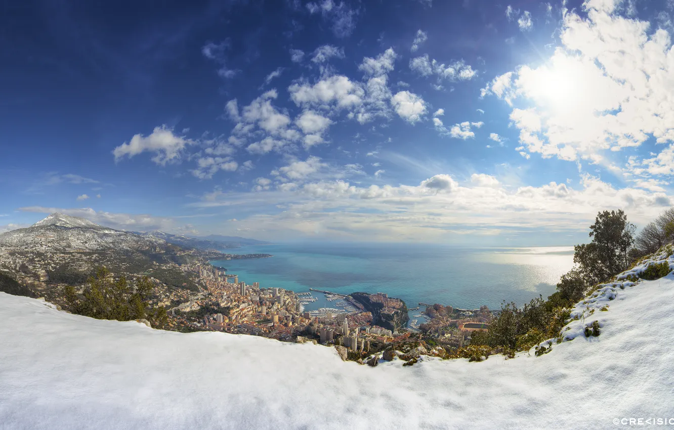 Photo wallpaper winter, sea, snow, city, home, Monaco