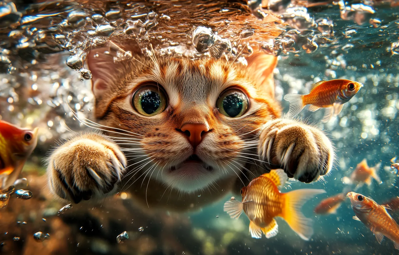 Photo wallpaper LOOK, WATER, BUBBLES, FACE, PAWS, EYES, RED, FISH
