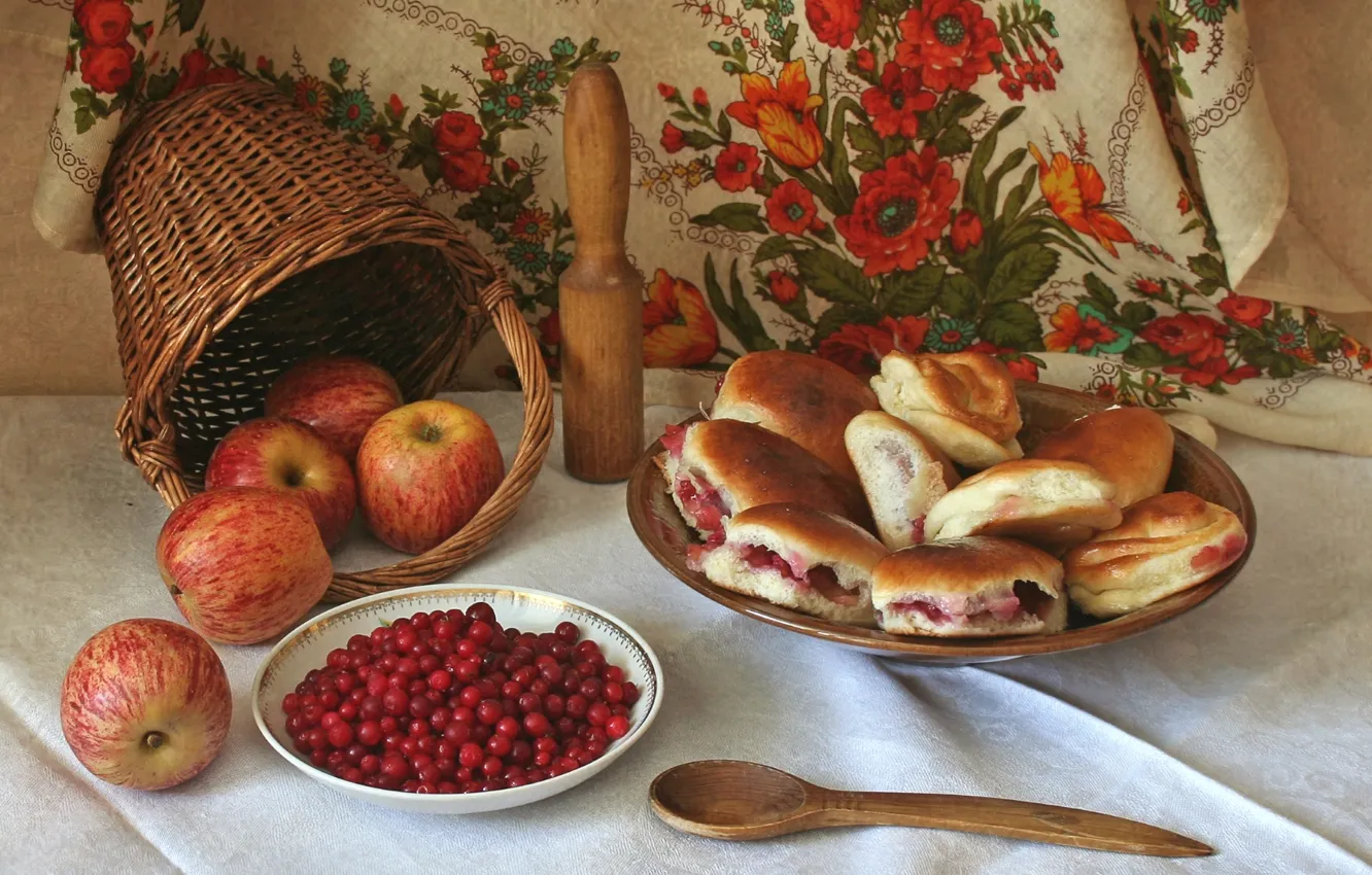 Photo wallpaper basket, apples, still life, cakes, cranberry