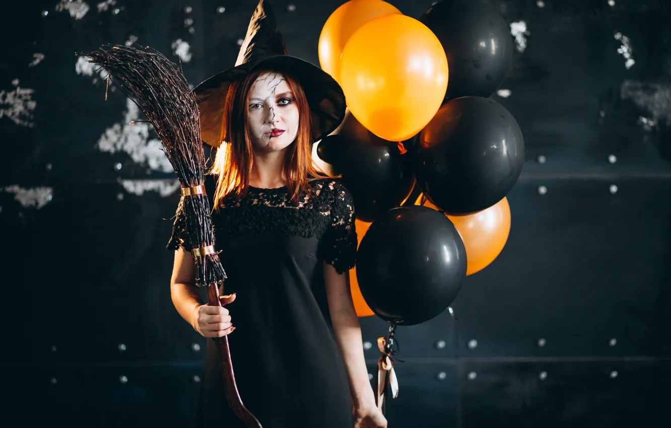 Photo wallpaper autumn, girl, the dark background, holiday, makeup, pumpkin, Halloween, witch