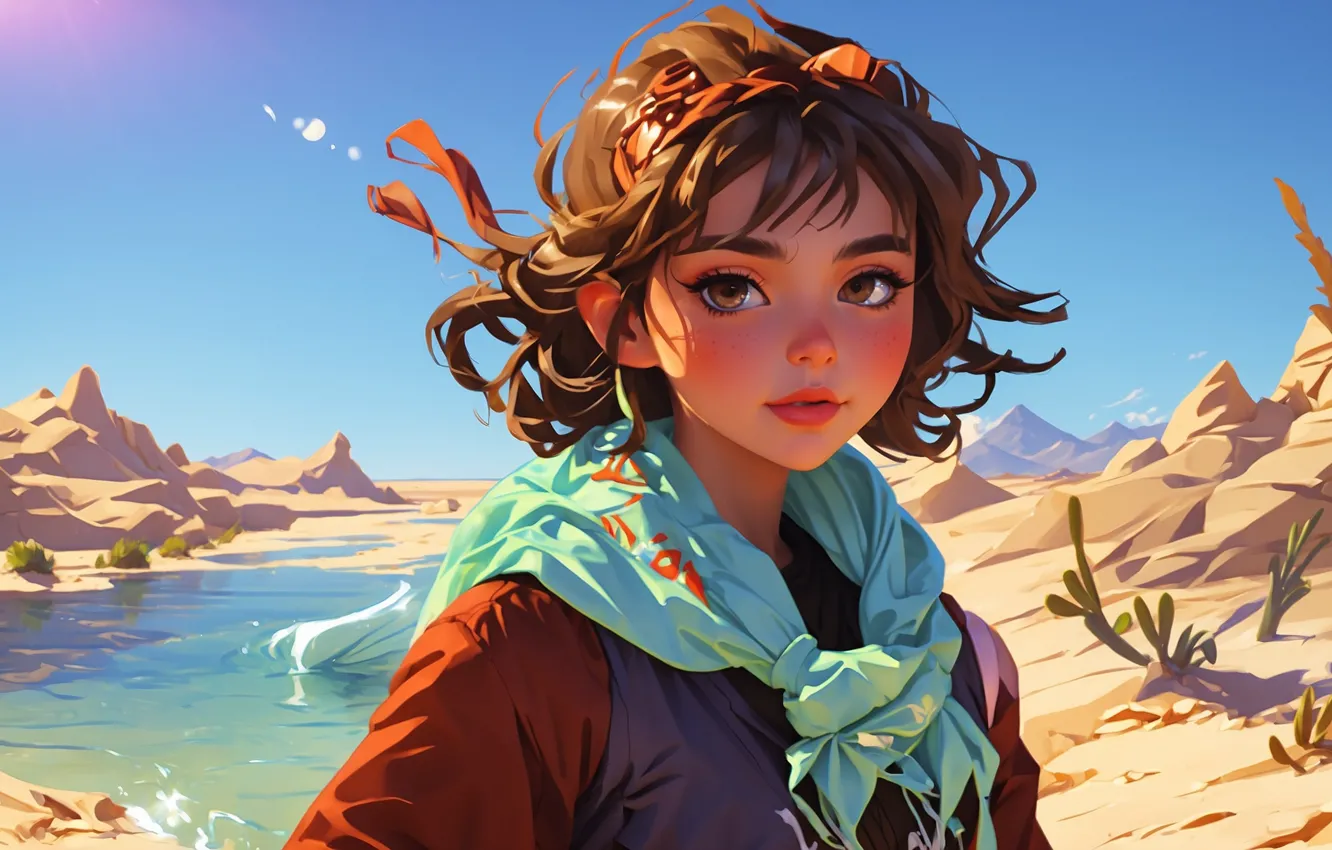 Photo wallpaper sand, water, the dunes, desert, oasis, the girl in the headscarf, the sun is shining
