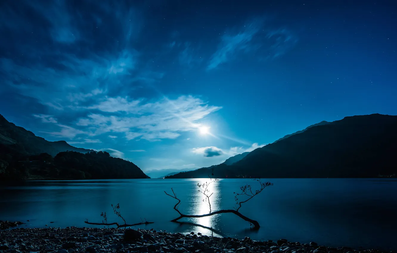Photo wallpaper water, light, mountains, night, lake, reflection, the moon, Scotland