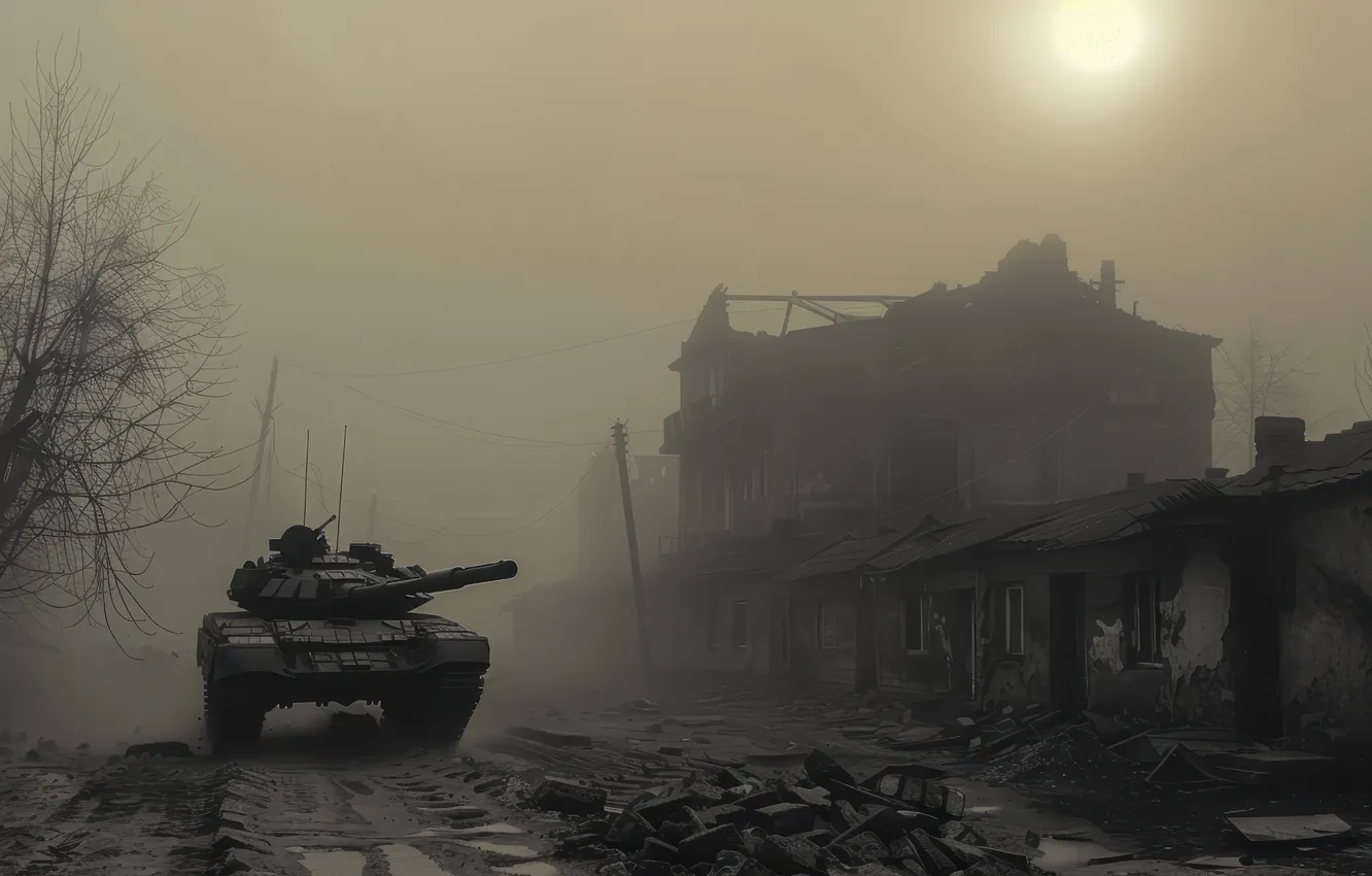 Photo wallpaper fog, home, tank, devastation, digital art, AI art, The Art of Artificial Intelligence, War and …