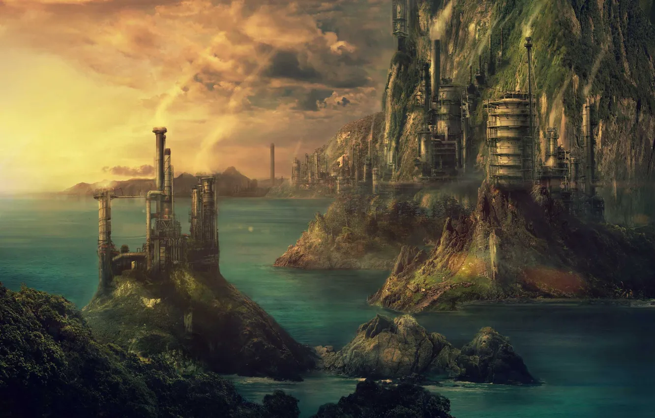 Photo wallpaper sea, landscape, the city, building, fantasy, art, steampunk, fantasy