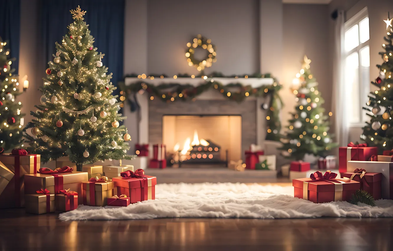 Photo wallpaper decoration, room, gift, tree, new year, interior, Christmas, fireplace