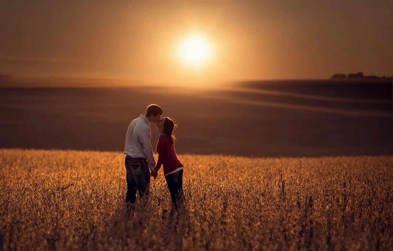 Photo wallpaper field, girl, the sun, space, guy, lovers, bokeh