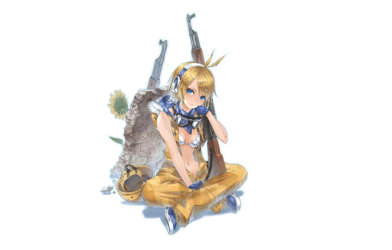 Photo wallpaper sneakers, headphones, white background, gloves, vocaloid, sitting, jumpsuit, Kagamine Rin
