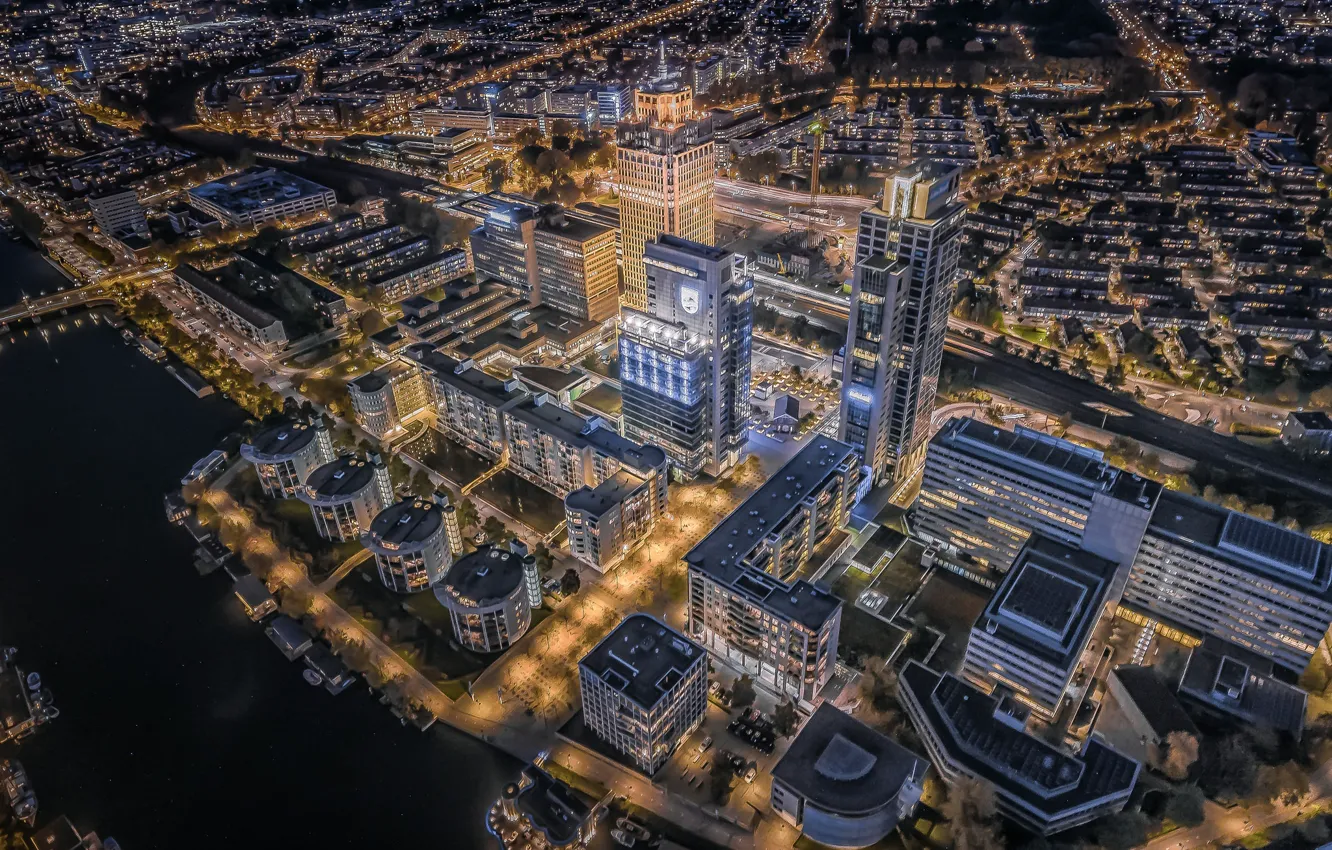 Photo wallpaper river, building, Amsterdam, panorama, Netherlands, night city, Amsterdam, Netherlands