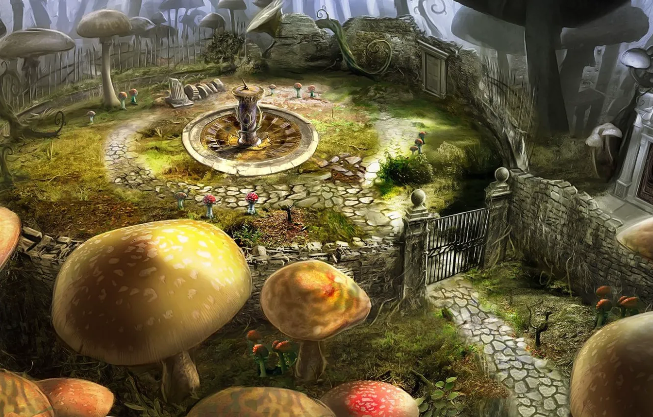Photo wallpaper flowers, mushrooms, gate, Alice in Wonderland, Tim Burton