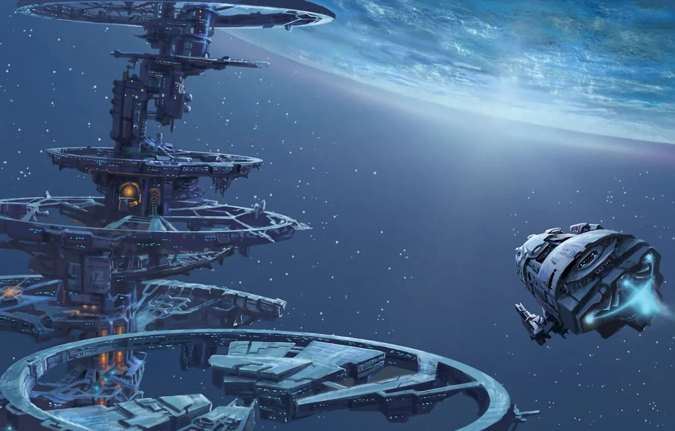 Photo wallpaper space, stars, ship, planet, station, art