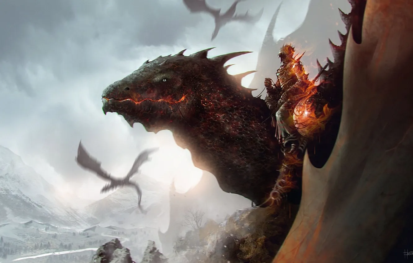 Photo wallpaper mountains, lights, dragon, art, rider