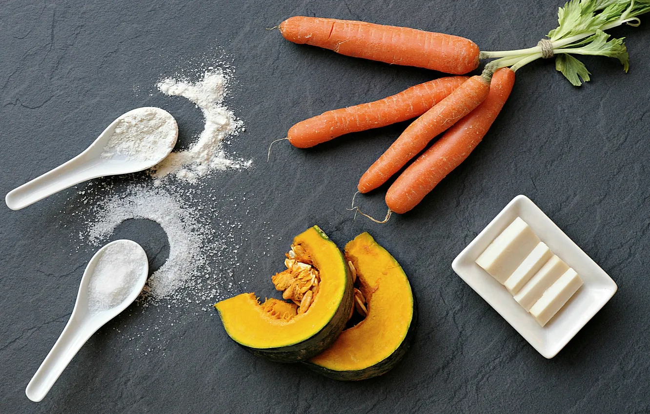 Photo wallpaper sugar, pumpkin, table, cheese, bowl, spoons, carrots, wheat flour