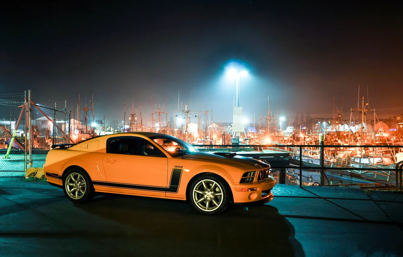 Photo wallpaper light, yellow, Mustang, Ford, Mustang, the fence, port, lights