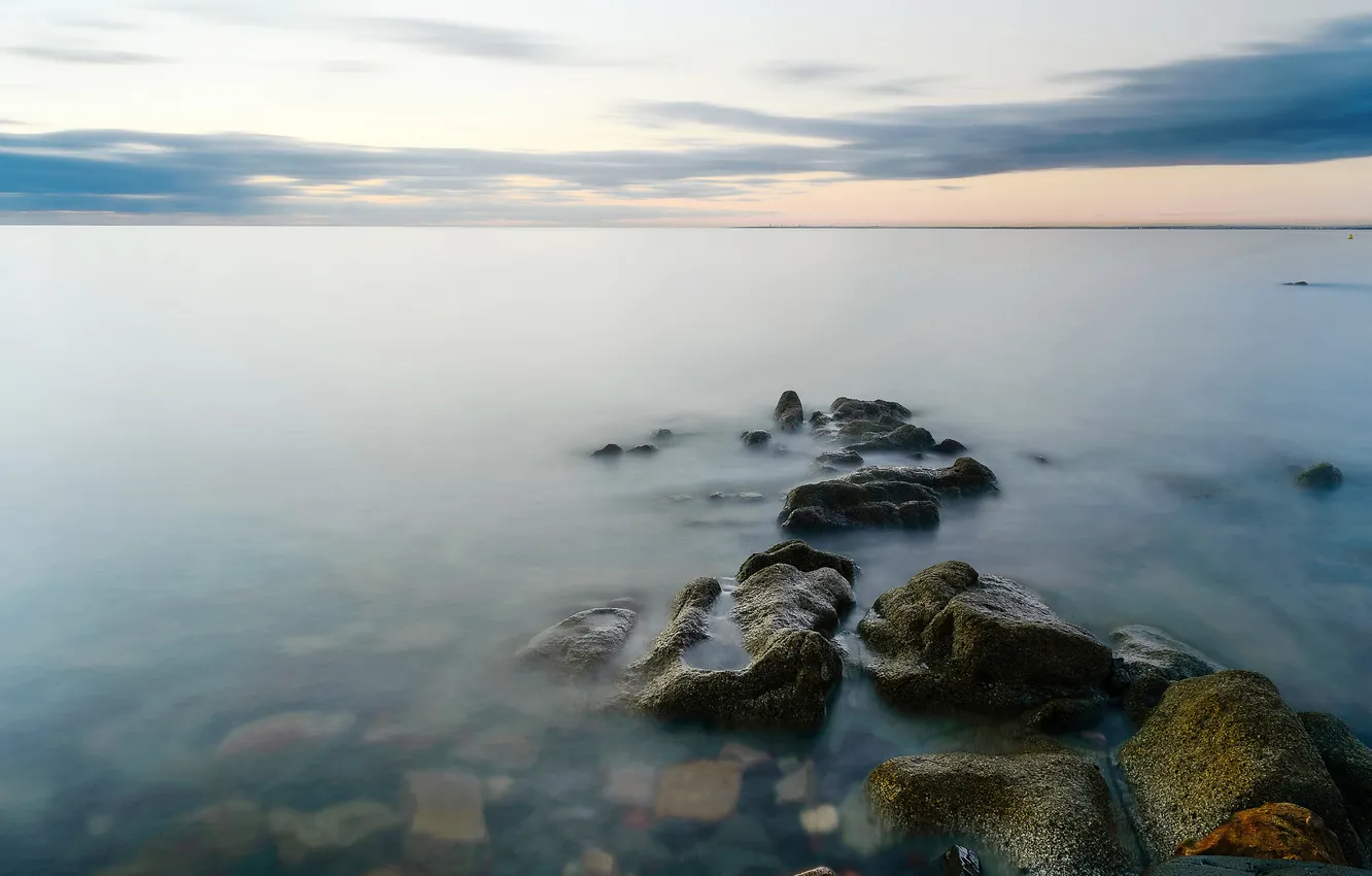 Photo wallpaper sea, clouds, stones, dawn, horizon, calm