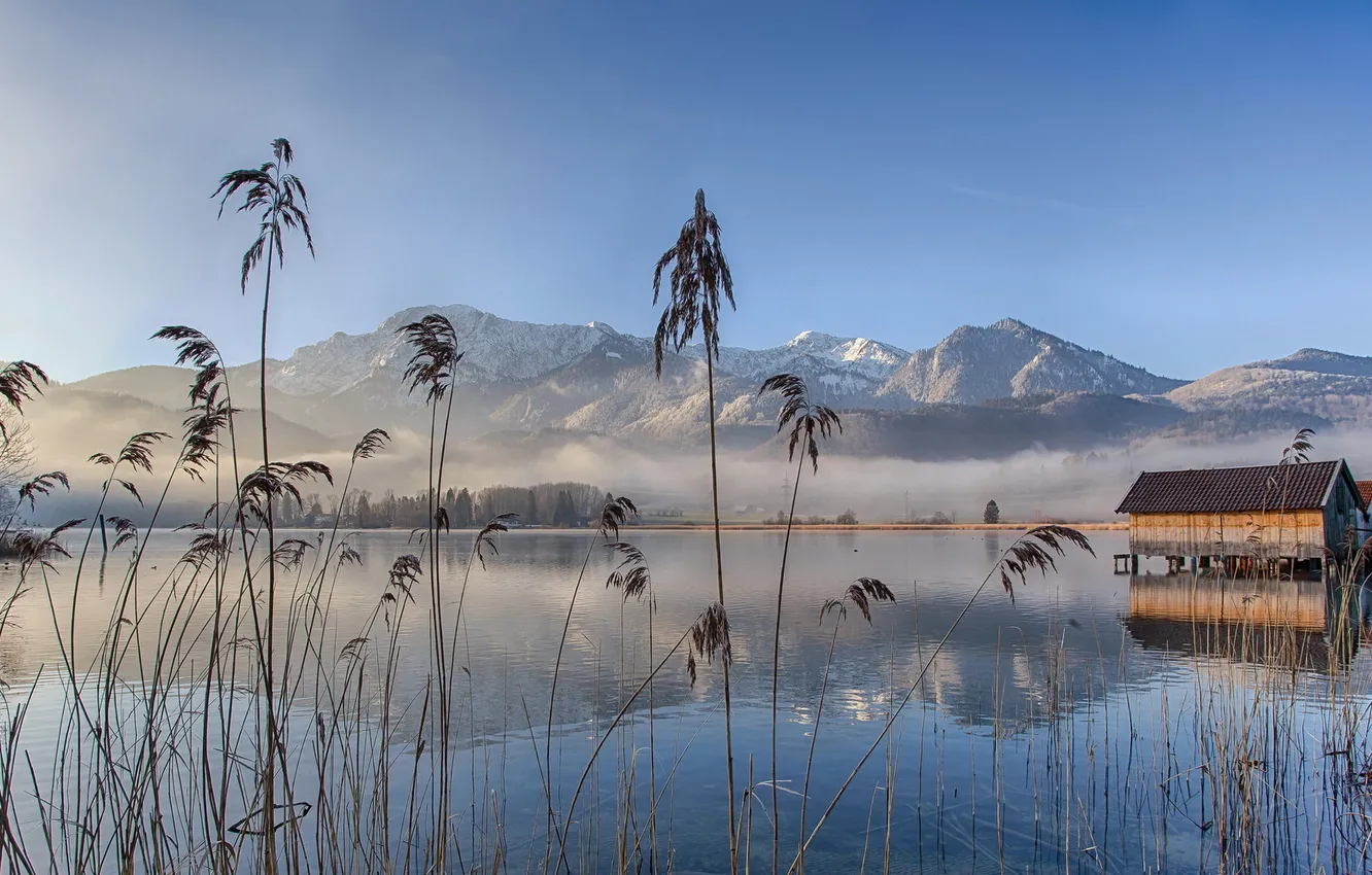 Photo wallpaper landscape, mountains, nature, fog, lake