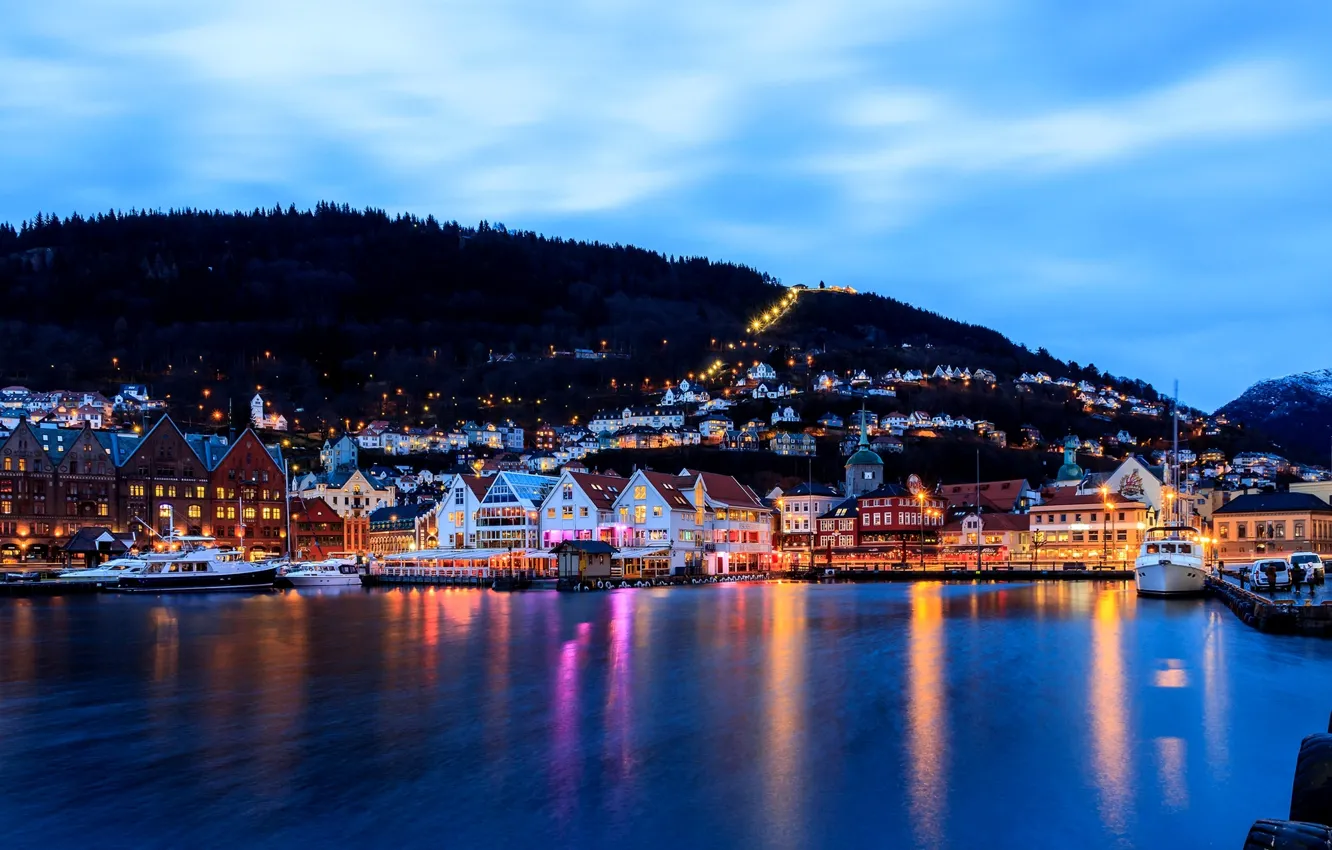 Photo wallpaper sea, the city, lights, building, home, boats, the evening, pier