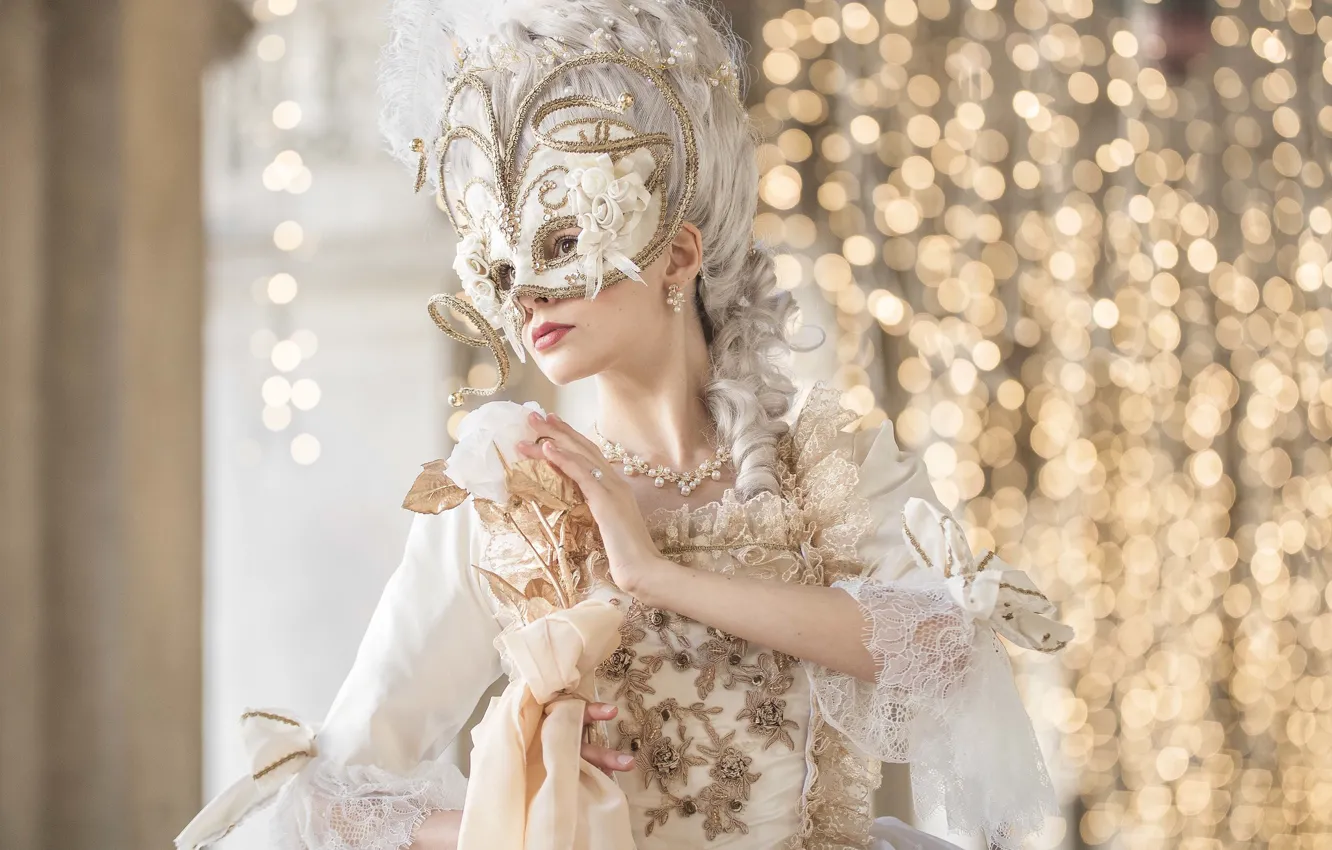 Photo wallpaper girl, face, holiday, model, mask, costume, Palace, ball